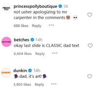 Brands react to Sabrina Carpenter's dad's text. (Image via Instagram/@sabrinacarpenter)